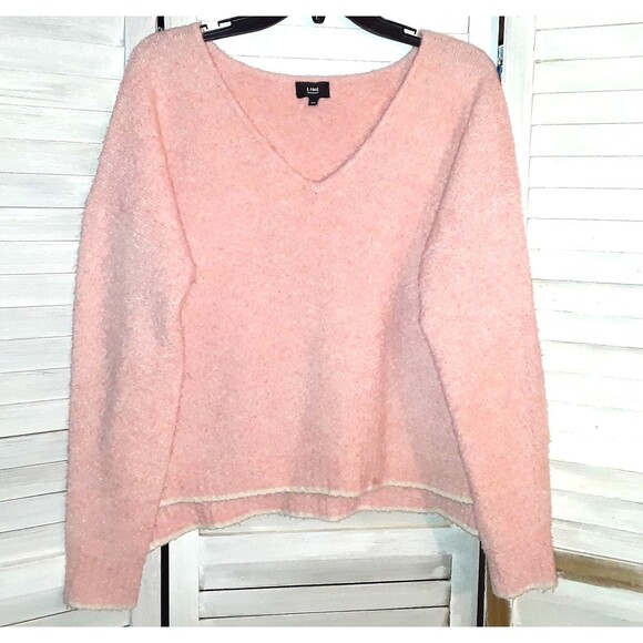 Line Women's Over-Sized Small Sweater Cashmere Blend Cropped V-Neck Pink Cream - Picture 2 of 9